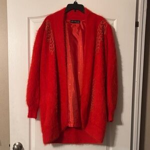 Red Fuzzy Open-Front Cardigan with Embroidered Detail